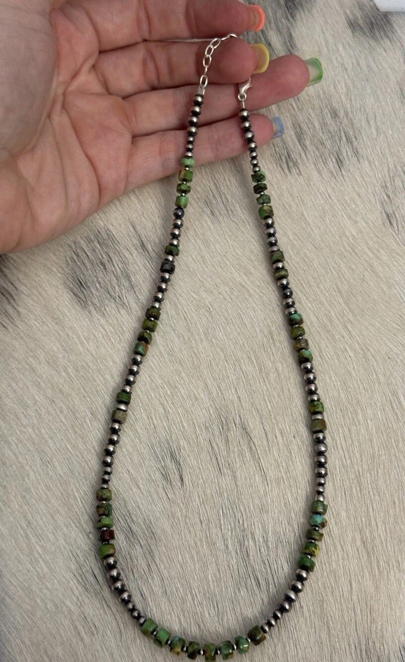 Navajo Pearl Sterling Silver Green Sonoran Gold Turquoise HEISHI Necklace 16.5+